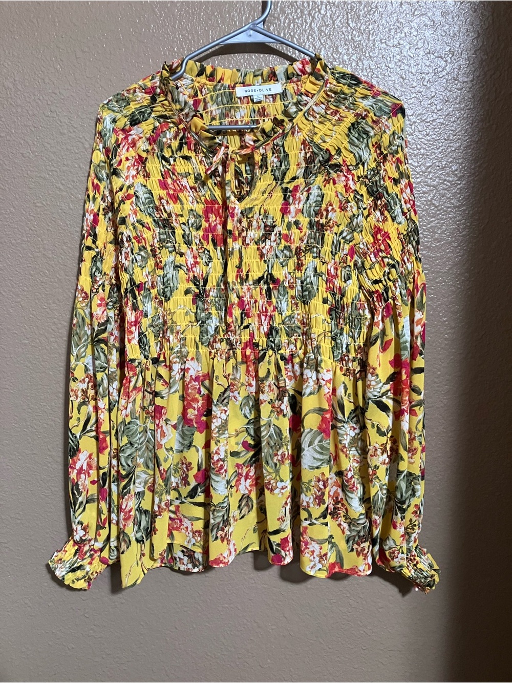 Rose & Olive Yellow Floral Smocked Tie-Neck Blouse